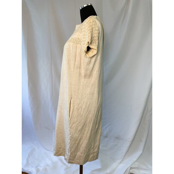 1960s Cream Linen Blend Shift Dress w Crochet Yoke – Mr. Jack Dallas – Size 16 - Picture 16 of 16